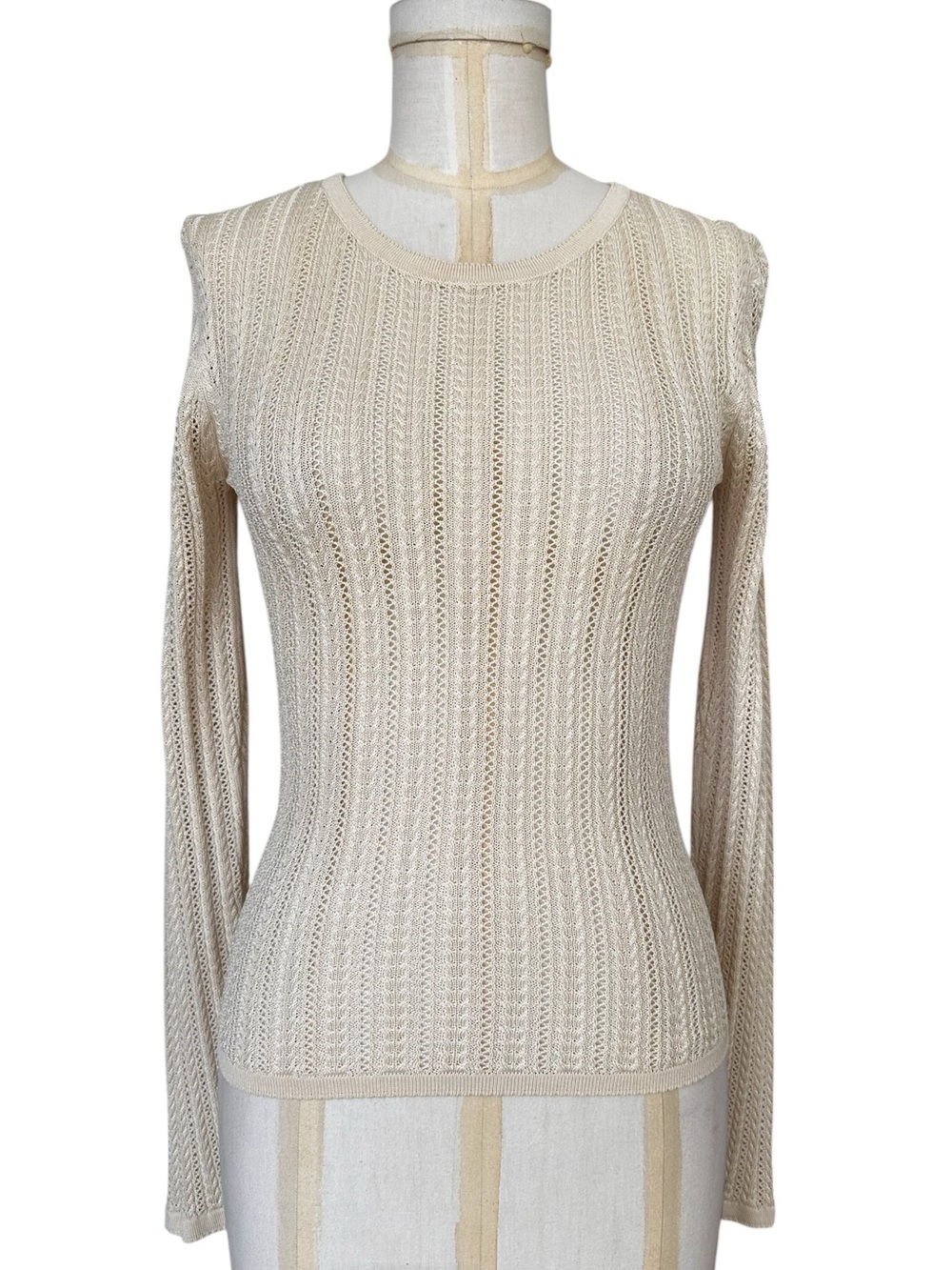 ET‎ VOUS Fine Silk Women's Vintage Cream Pointelle Knit Pullover Top Size Small